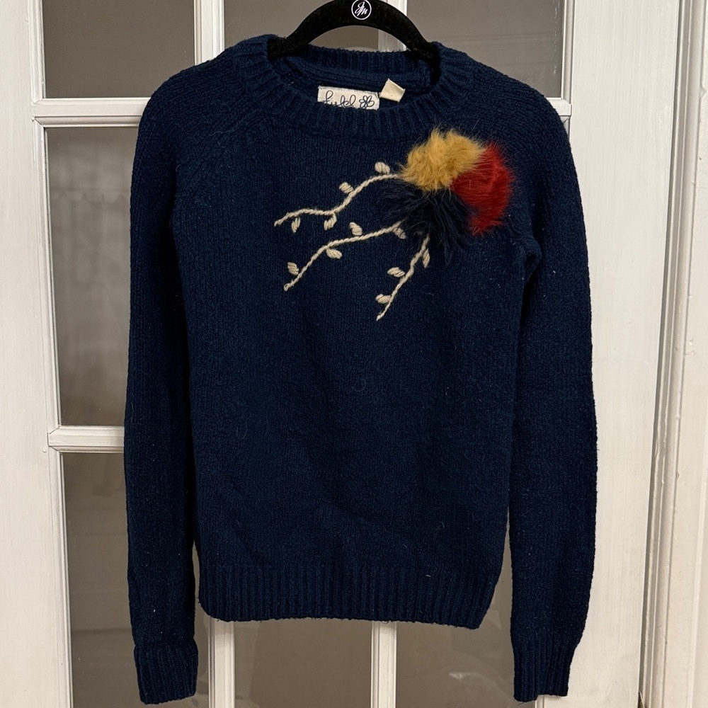 ANTHROPOLOGIE FIELD FLOWER Women's Navy Blue Chenille Furry Pom Pom Evie Sweater